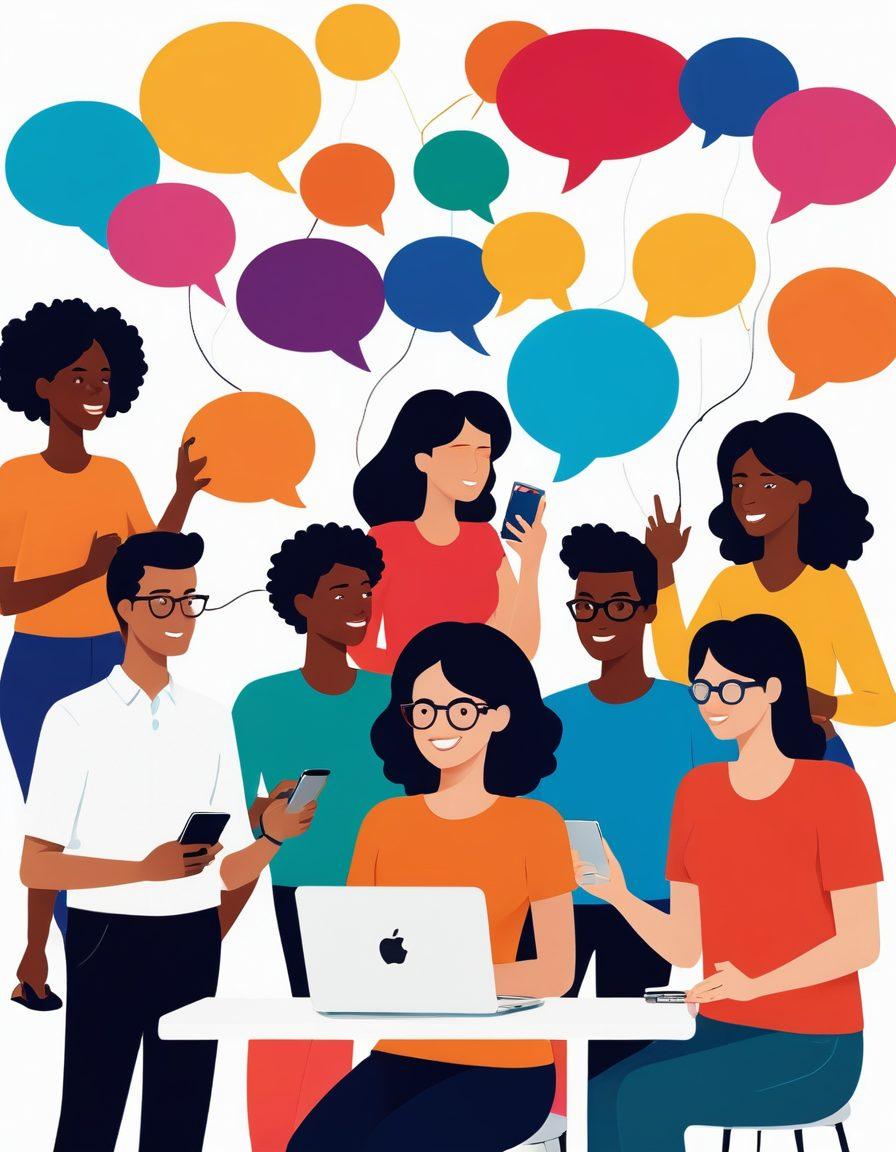 A vibrant digital illustration depicting a diverse group of individuals collaborating online on various devices, sharing ideas and content in a lively virtual community. Include colorful speech bubbles showcasing engaging blog topics and tips, surrounded by dynamic elements symbolizing creativity and connection. Bright and inviting colors to evoke a sense of enthusiasm and engagement. vector art. vibrant colors. white background.