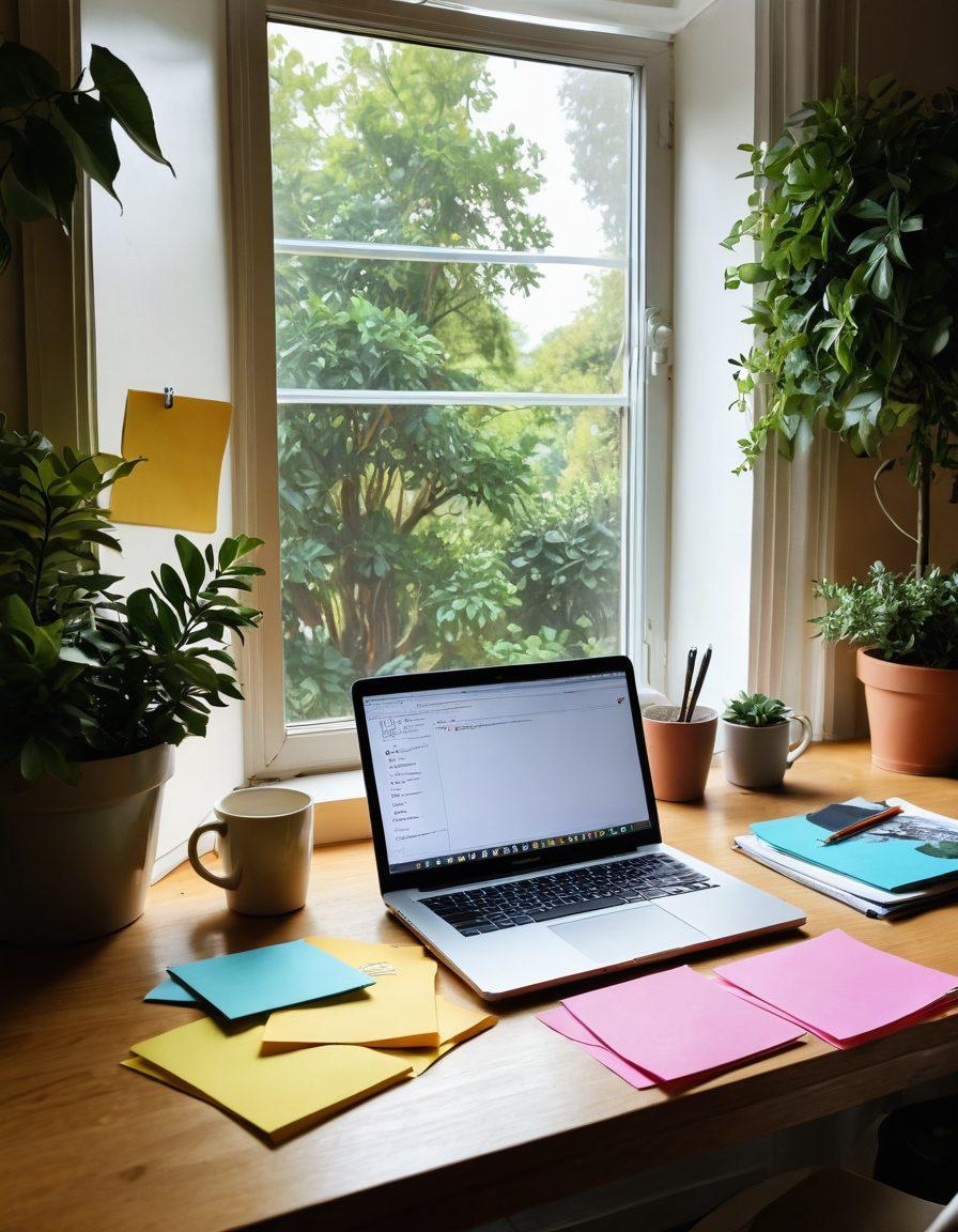 A creative workspace showcasing a diverse digital writing portfolio, featuring a laptop open to a personal essay, alongside a guest blog submission. Include vibrant sticky notes with ideas and a coffee cup, all set against a bright window with greenery outside. The scene should evoke inspiration and creativity. super-realistic. vibrant colors. cozy atmosphere.