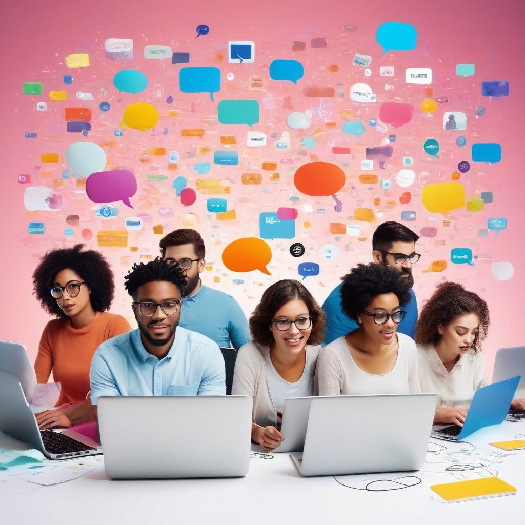 A colorful representation of a diverse group of people passionately typing on laptops, surrounded by floating speech bubbles filled with words and ideas, symbolizing connection and communication. The backdrop features a vibrant community landscape, with elements like social media icons and digital tools scattered around them. This imagery captures the essence of blogging as an art form that empowers voices. super-realistic. vibrant colors. white background.